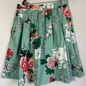 Grace Karin sz L Skirt Floral Pleated Circle Green Pockets cherry blossom Asian